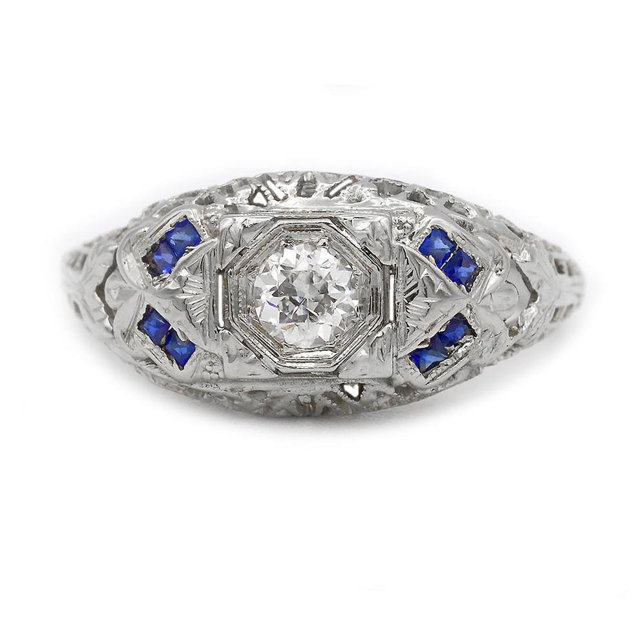 Art Deco .25 Carat Old Mine Cut Diamond & Sapphire Vintage Engagement Ring in 14 Kt White Gold