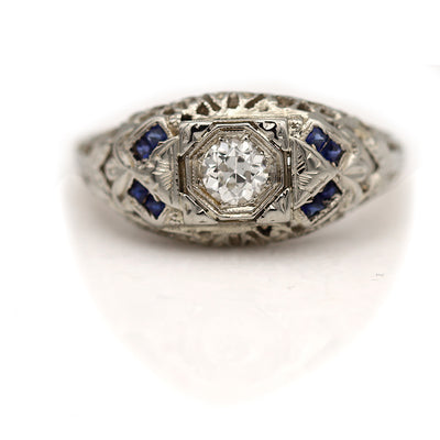 Art Deco Diamond and Sapphire Engagement Ring .25 Ct