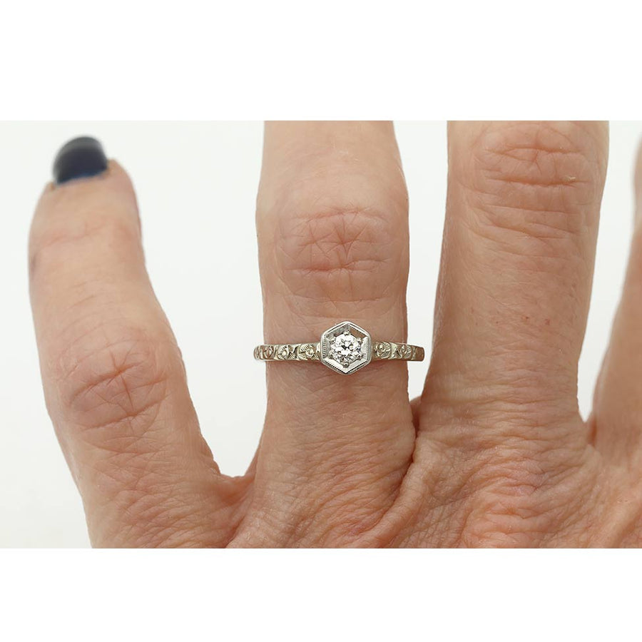 Art Deco .15 CT Old European Cut Diamond Solitaire | 14K White Gold