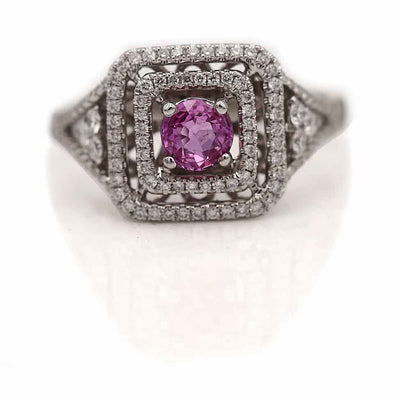 Vintage Pink Sapphire Halo Engagement Ring Circa 1940's