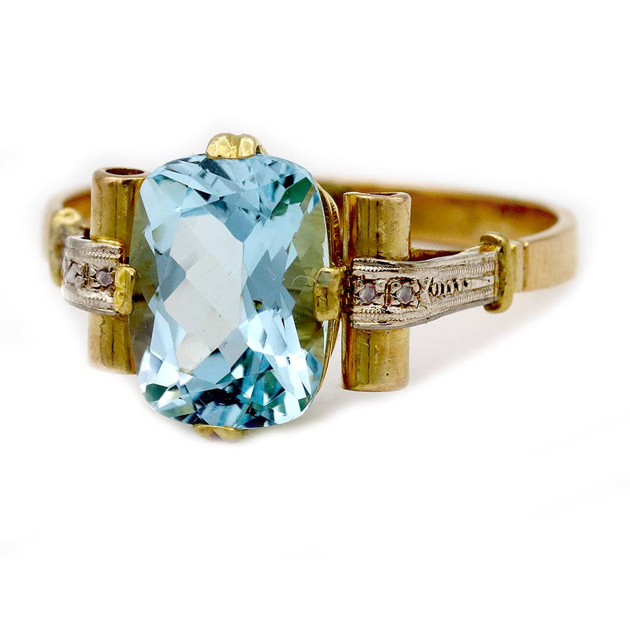 Retro 3.90 Ct Cushion Cut Aquamarine & Rose Cut Diamond Vintage Engagement Ring | 14K Two-Tone Gold