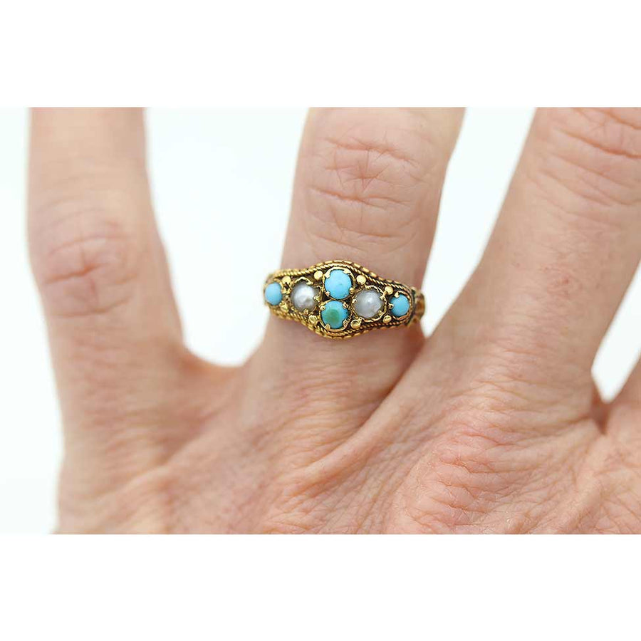 Sweet Victorian Turquoise and Pearl Engagement Ring