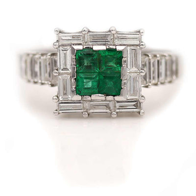 Vintage Square Cut Colombian Emerald & Straight Baguette Diamond Ring