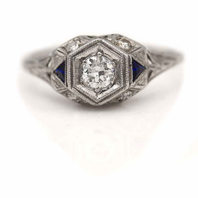 Art Deco Old European Cut Diamond and Sapphire Engagement Ring