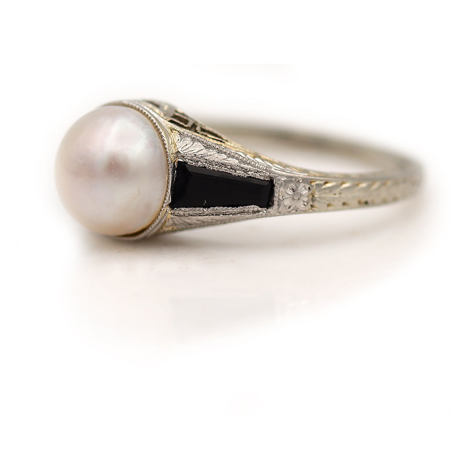 Art Deco Pearl and Onyx Engagement Ring
