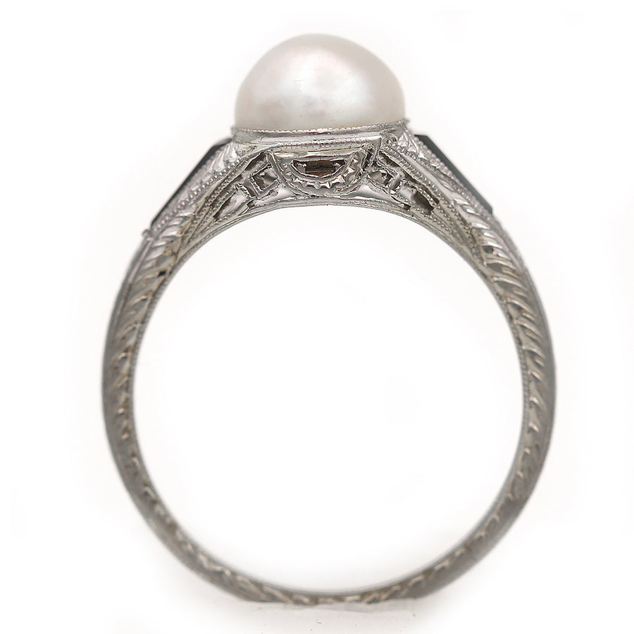 Art Deco Pearl and Onyx Engagement Ring