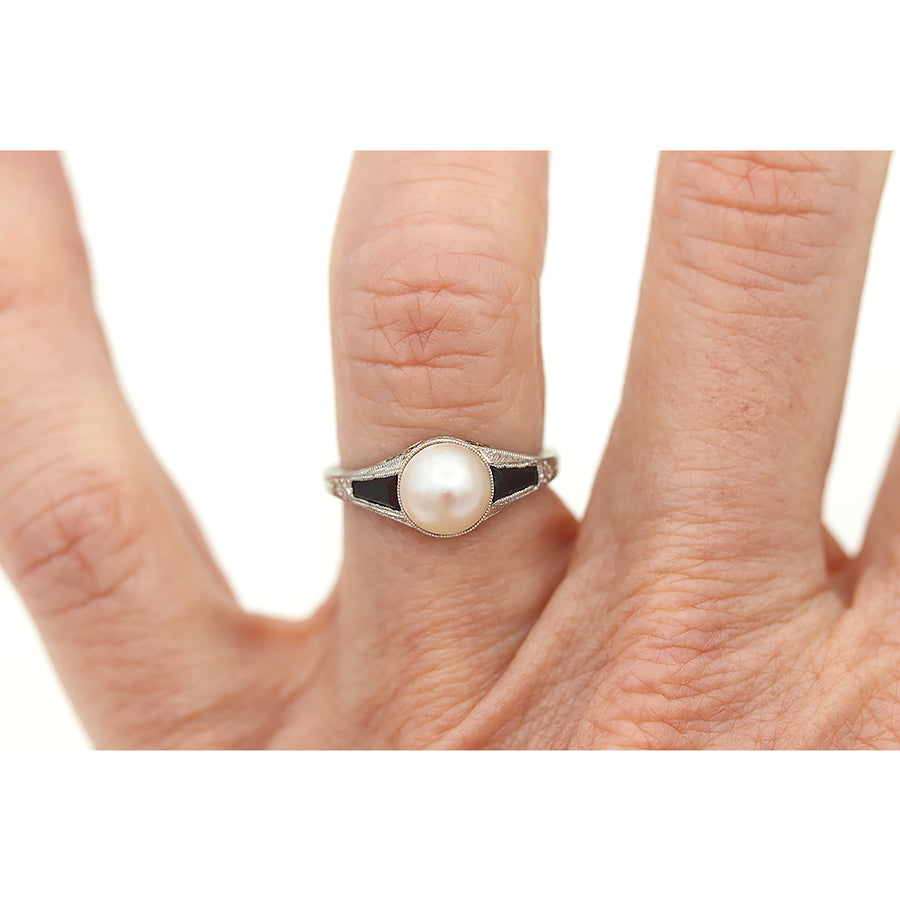 Art Deco Pearl and Onyx Engagement Ring