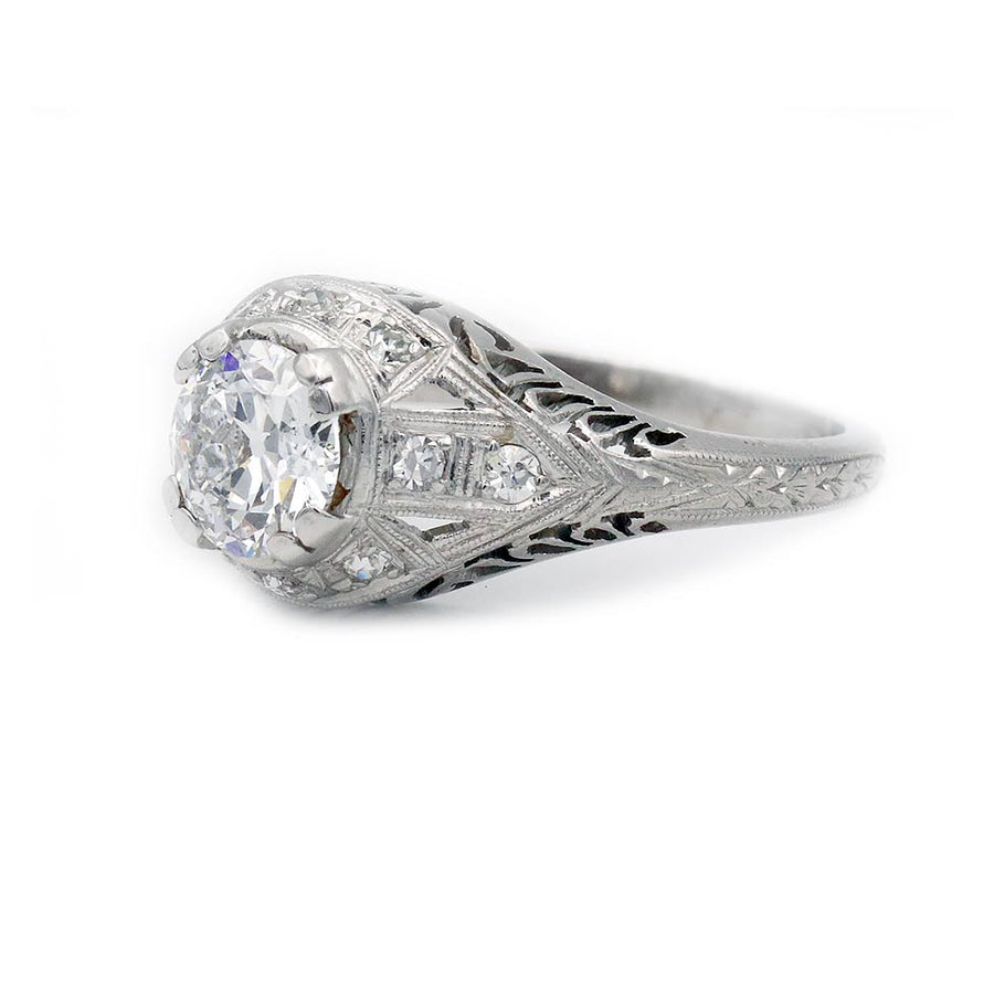 Art Deco platinum engagement ring .91 carat GIA certified old European cut diamond D I1 with milgrain engravings side view