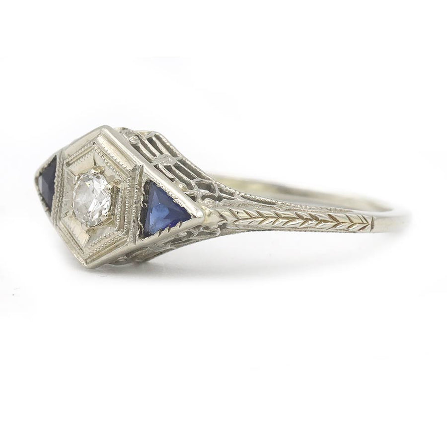Art Deco .15 Ct Old European Cut Diamond & Sapphire Engagement Ring in 18K White Gold