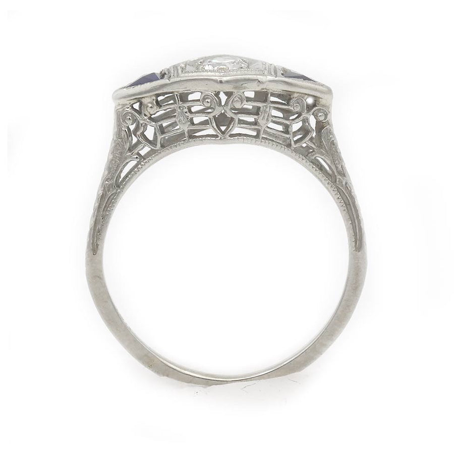 Art Deco .15 Ct Old European Cut Diamond & Sapphire Engagement Ring in 18K White Gold