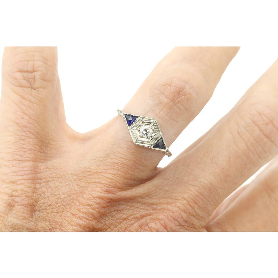 Art Deco .15 Ct Old European Cut Diamond & Sapphire Engagement Ring in 18K White Gold