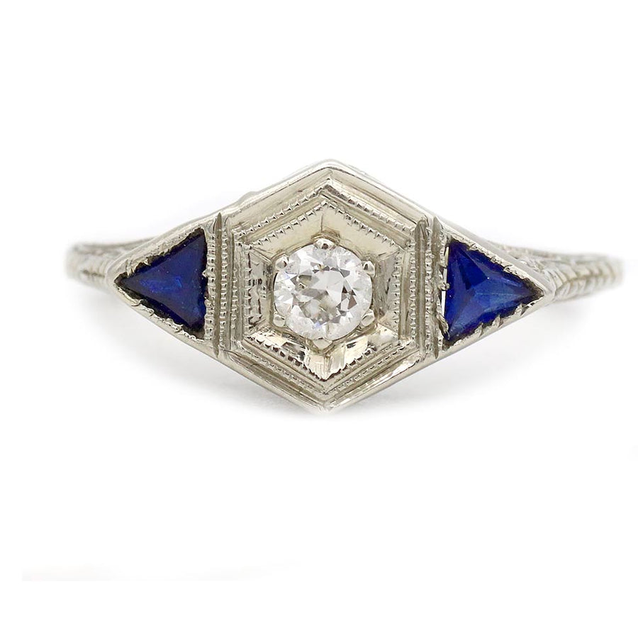 Art Deco .15 Ct Old European Cut Diamond & Sapphire Engagement Ring in 18K White Gold