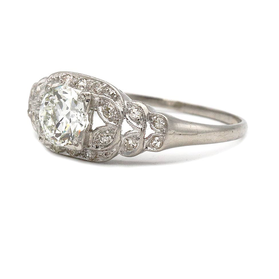 Art Deco 1.38 CTW European Cut Diamond Engagement Ring in Unique Navette Frame Platinum Setting