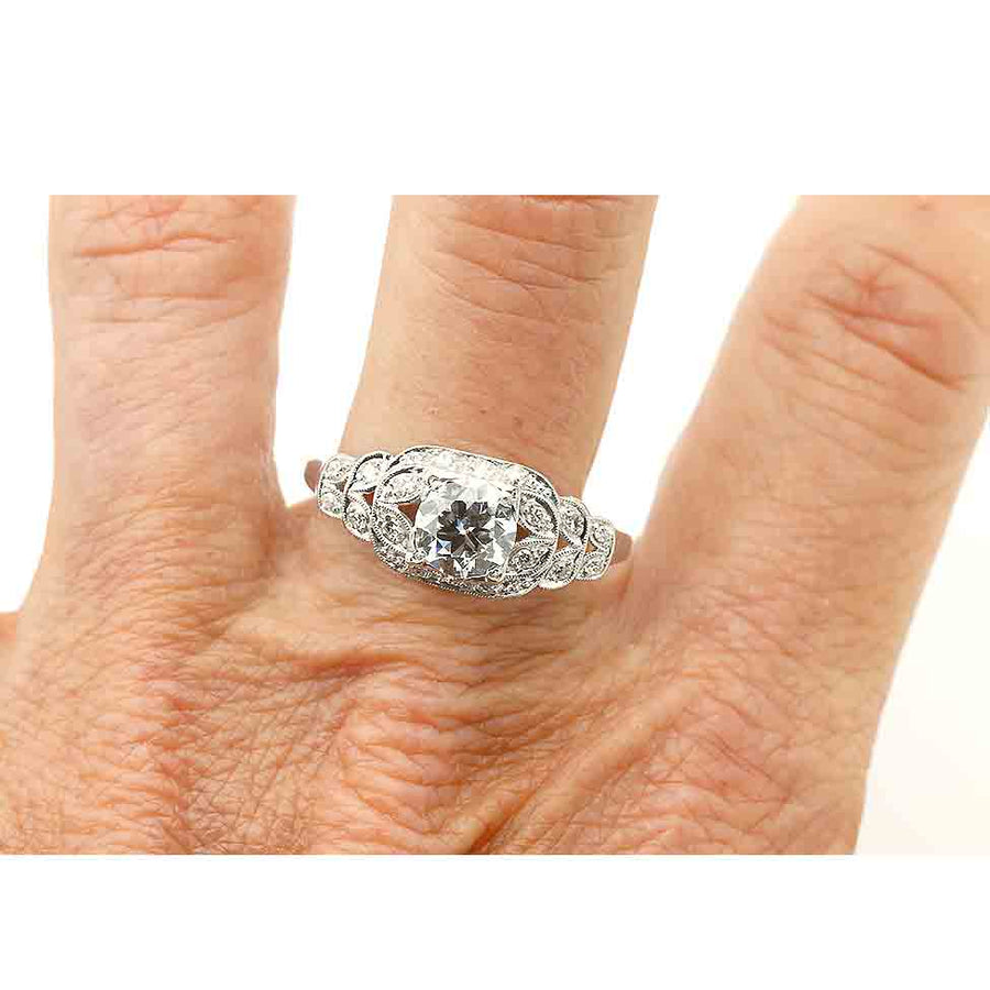 Art Deco Old European Cut Diamond Navette Halo Engagement Ring | 1.38 CTW Platinum Vintage Ring
