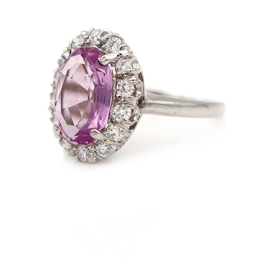 Vintage engagement ring 3.00 carat natural pink tourmaline with round diamond halo in 14K white gold circa 1980s side view