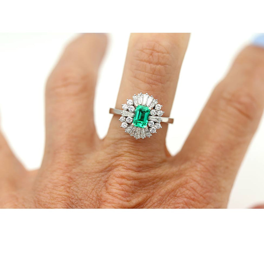 Beautiful 1.80 CTW Colombian Emerald Diamond Ballerina Cocktail Vintage Ring Platinum GIA