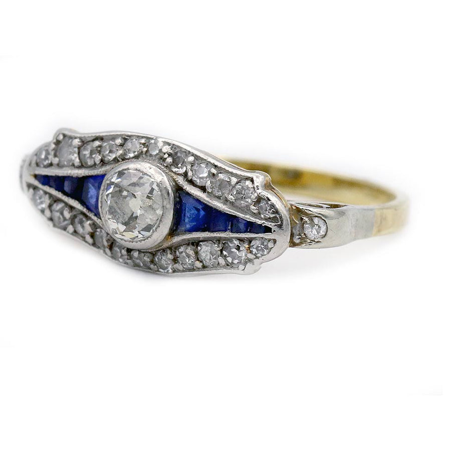 Antique .20ct Old European Cut Diamond and Sapphire Platinum & 18K Gold Ring