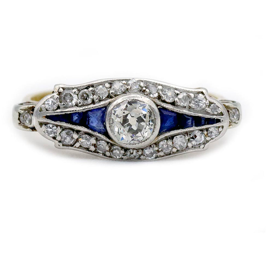 Antique .20ct Old European Cut Diamond and Sapphire Platinum & 18K Gold Ring