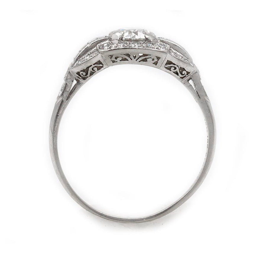 Art Deco .72 Ct Old European Cut Diamond Platinum Engagement Ring with Baguettes – GIA D/SI2