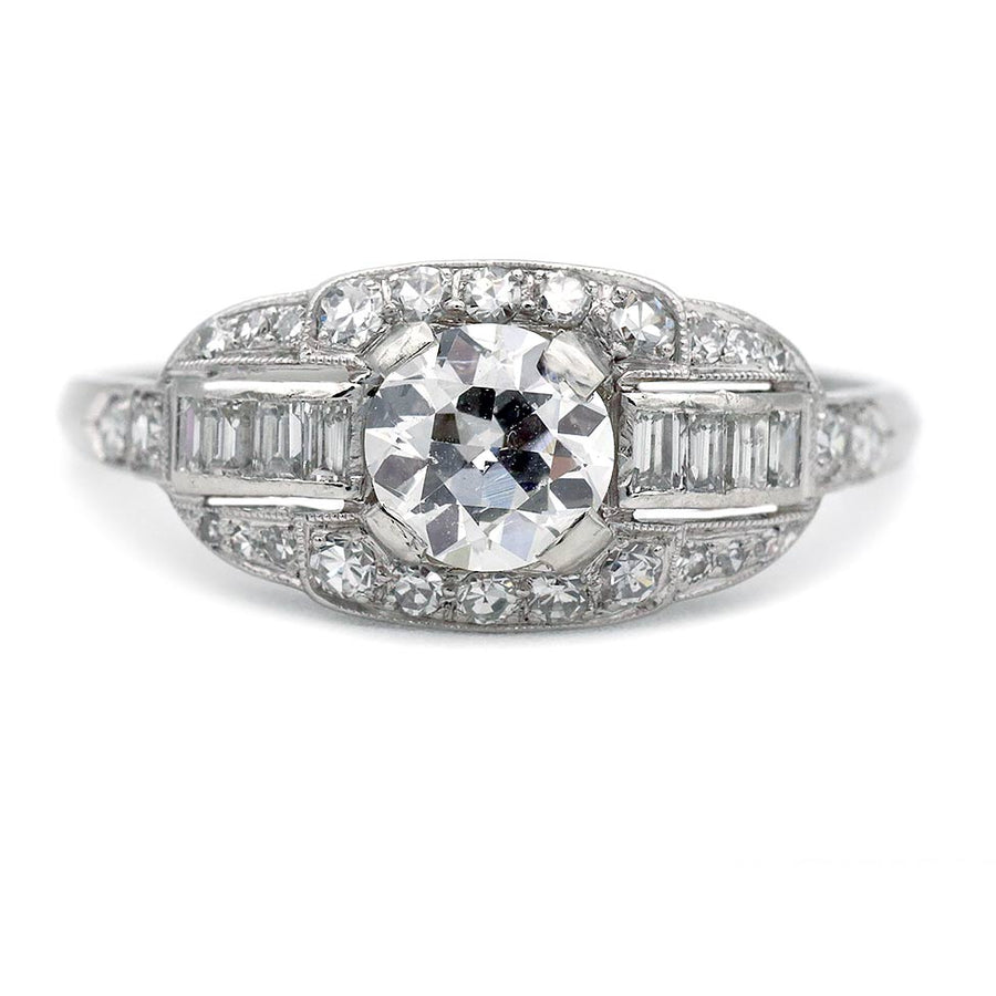 Art Deco .72 Ct Old European Cut Diamond Platinum Engagement Ring with Baguettes – GIA D/SI2