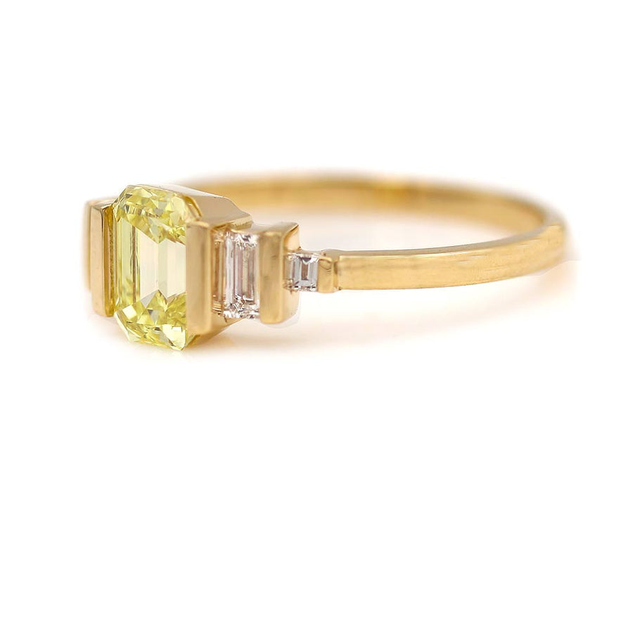 Vintage Style Fancy Intense Yellow Diamond Engagement Ring | GIA .76 Ct Emerald Cut