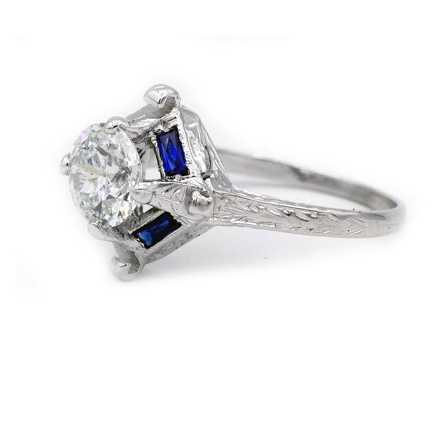 Art Deco 1.16 Ct Old European Cut Diamond Sapphire Vintage Engagement Ring GIA F/I1
