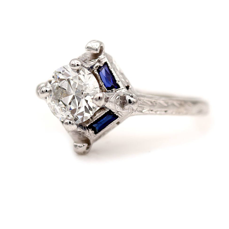 Art Deco 1.56 CTW Old European Cut Diamond Sapphire Vintage Engagement Ring GIA F/I1