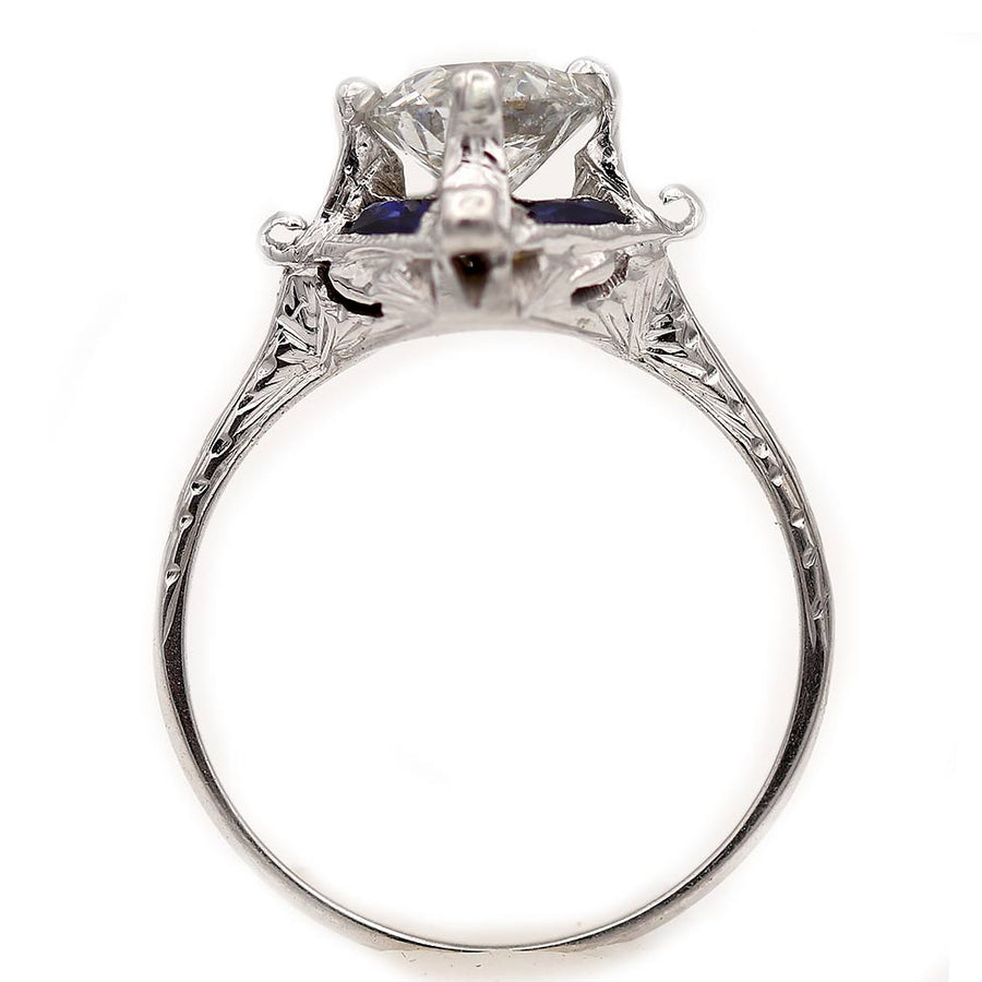Art Deco 1.56 CTW Old European Cut Diamond Sapphire Vintage Engagement Ring GIA F/I1