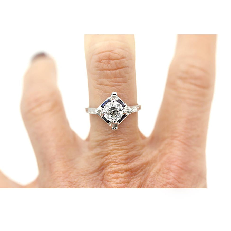 Art Deco 1.56 CTW Old European Cut Diamond Sapphire Vintage Engagement Ring GIA F/I1