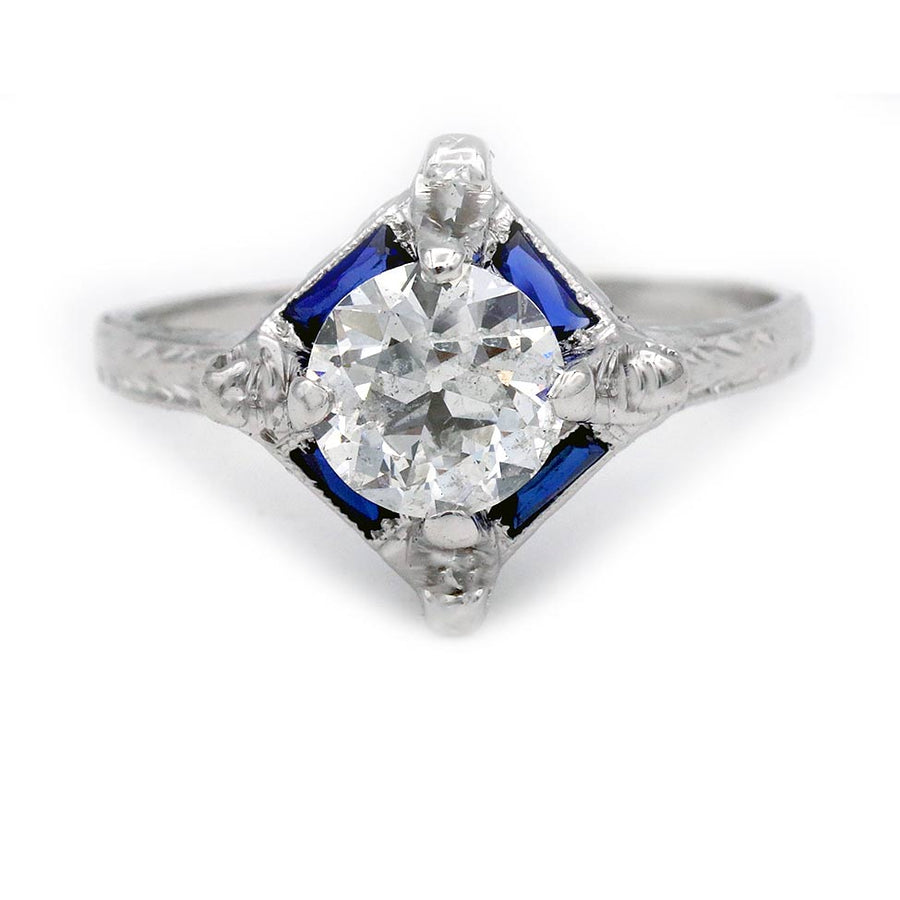 Art Deco 1.16 Ct Old European Cut Diamond Sapphire Vintage Engagement Ring GIA F/I1
