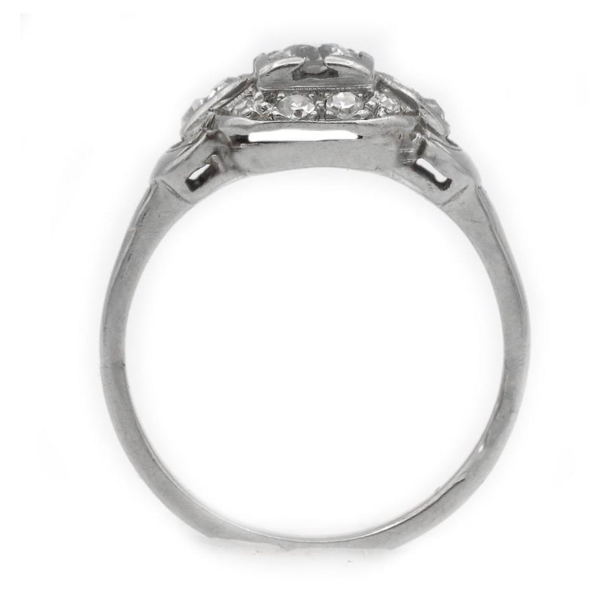 Art Deco old mine cut diamond engagement ring in 14K white gold featuring a geometric square frame, diamond accents, and milgrain detail. side view