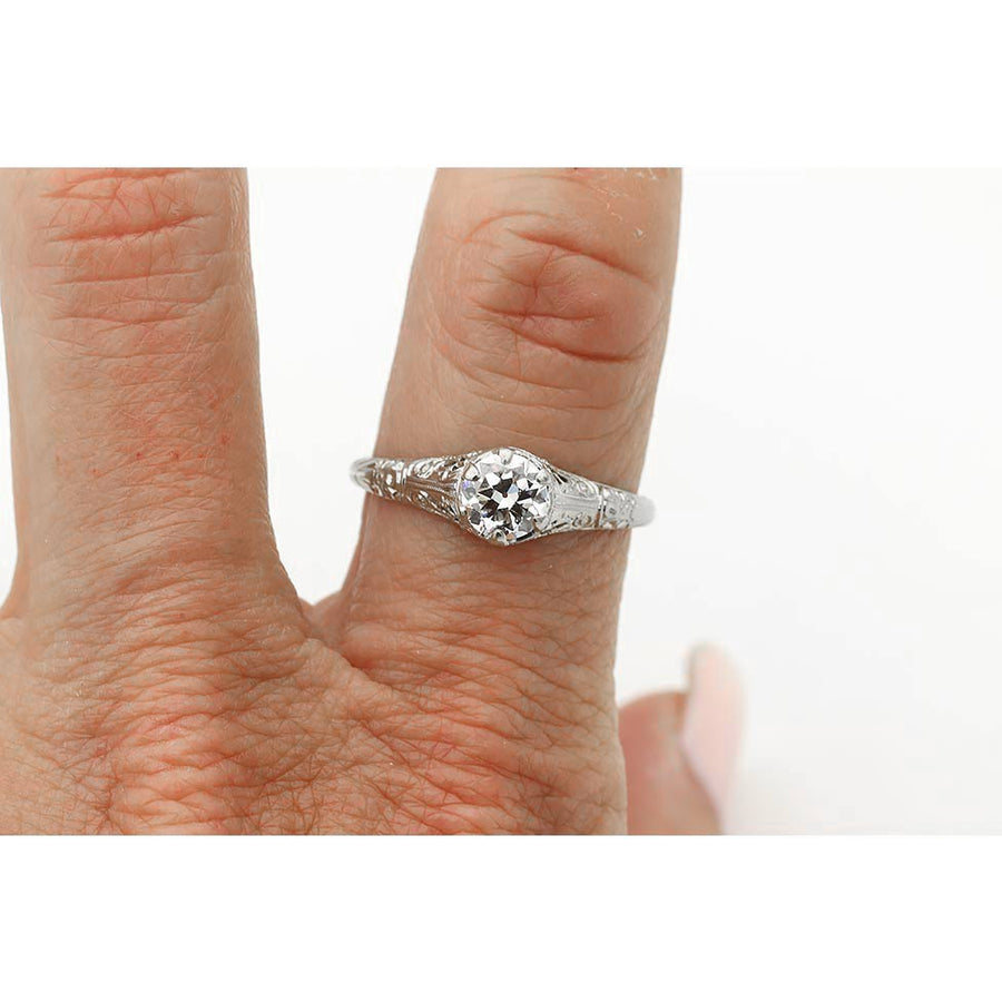 Art Deco Old European Cut Diamond Solitaire Engagement Ring | GIA | 14K White Gold