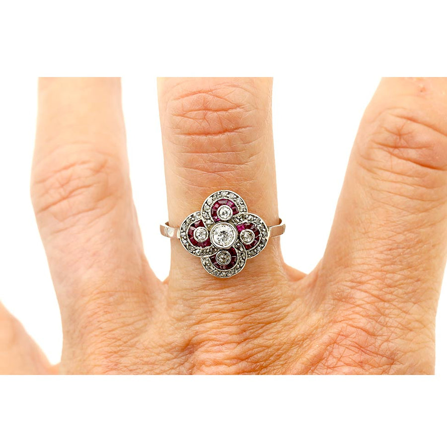 Art Deco .75 CTW Old Mine Cut Diamond & Burma Ruby Halo Antique Engagement Ring