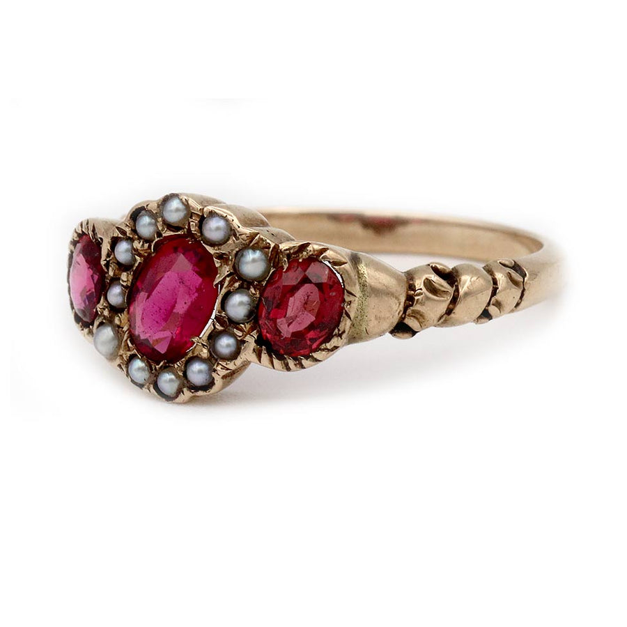 Victorian 1.45 CTW Garnet & Pearl Halo Engagement Ring in 10 Kt Rose Gold Side Profile