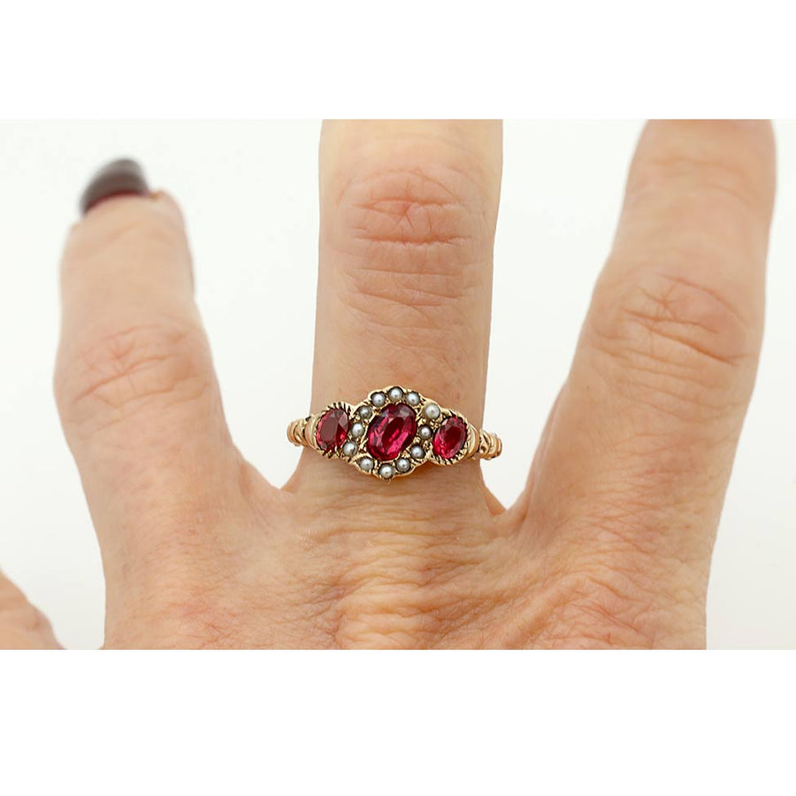 Victorian 1.45 CTW Garnet & Pearl Halo Engagement Ring On Hand in 10 Kt Rose Gold