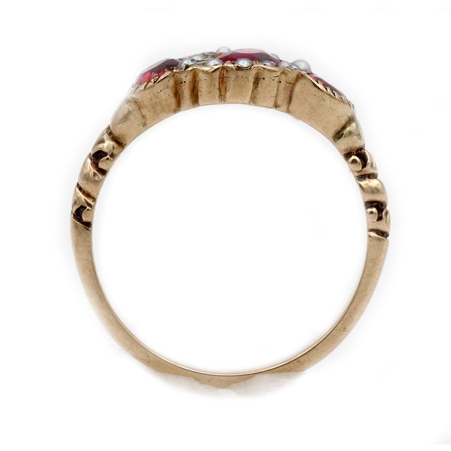 Victorian 1.45 CTW Garnet & Pearl Halo Engagement Ring in 10 Kt Rose Gold