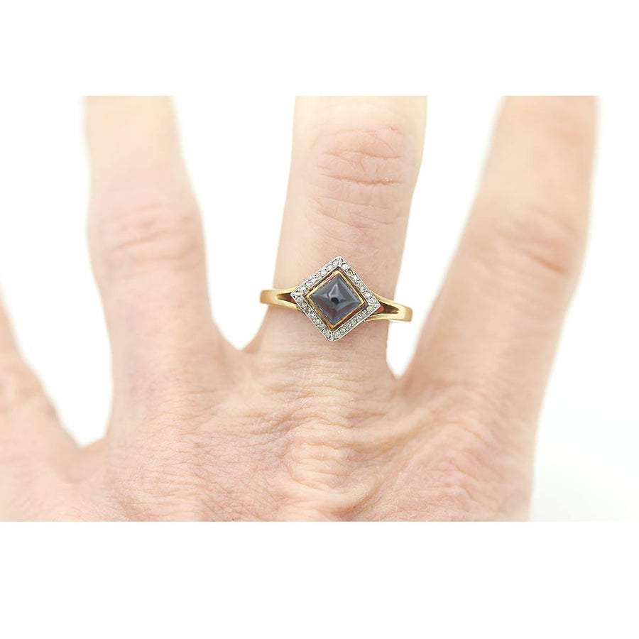 Antique 1.00 Ct GIA Cabochon Sapphire Engagement Ring with Rose-Cut Diamonds