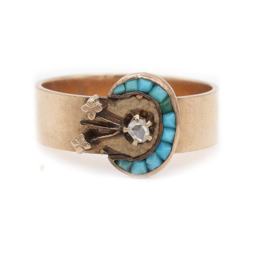 Retro Turquoise & Rose Cut Diamond Ring | 14K Rose Gold | 1940s