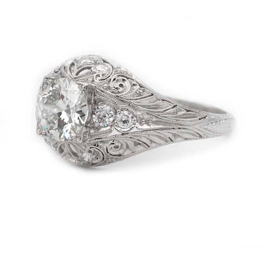 Art Deco 1.05 Ct Old European Cut Diamond Platinum Engagement Ring GIA J/SI2