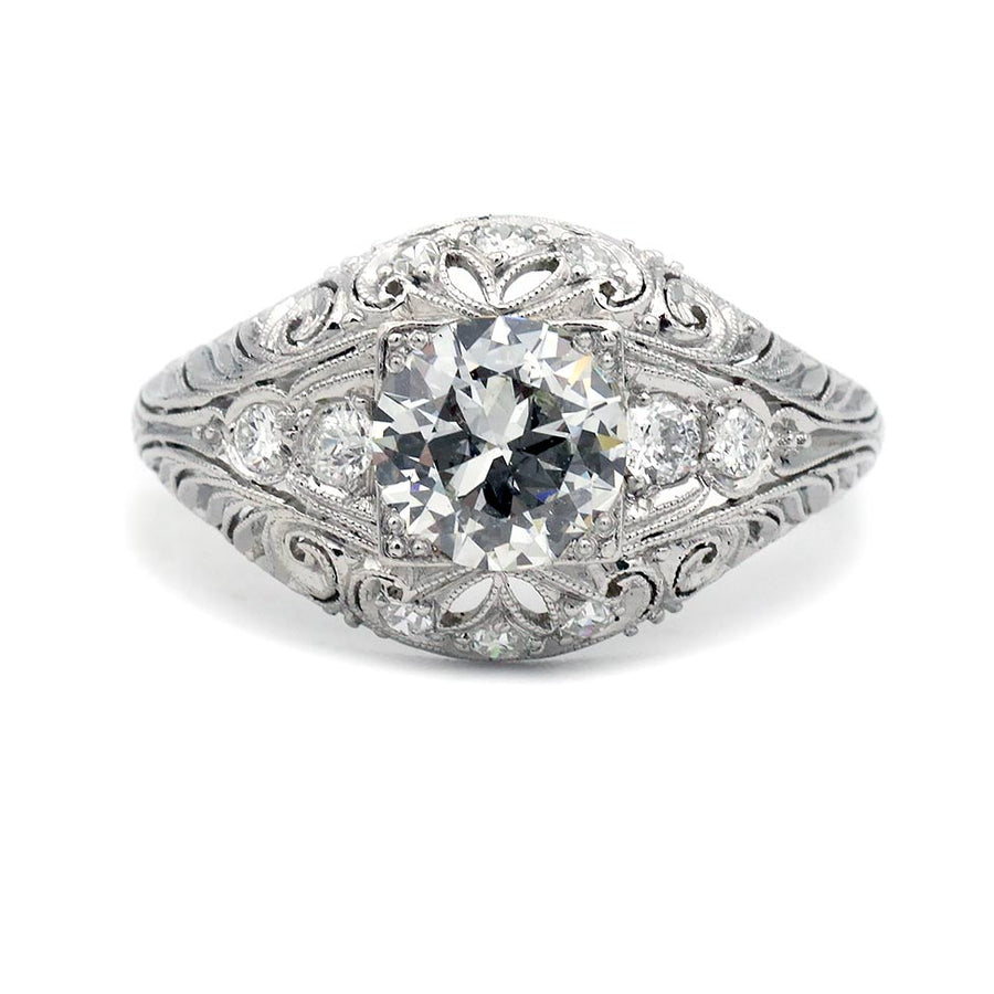 Art Deco 1.05 Ct Old European Cut Diamond Platinum Engagement Ring GIA J/SI2