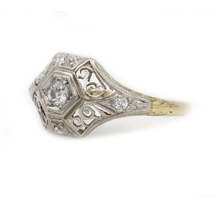 Art Deco Old Mine Cut Diamond Engagement Ring in Two-Tone Gold