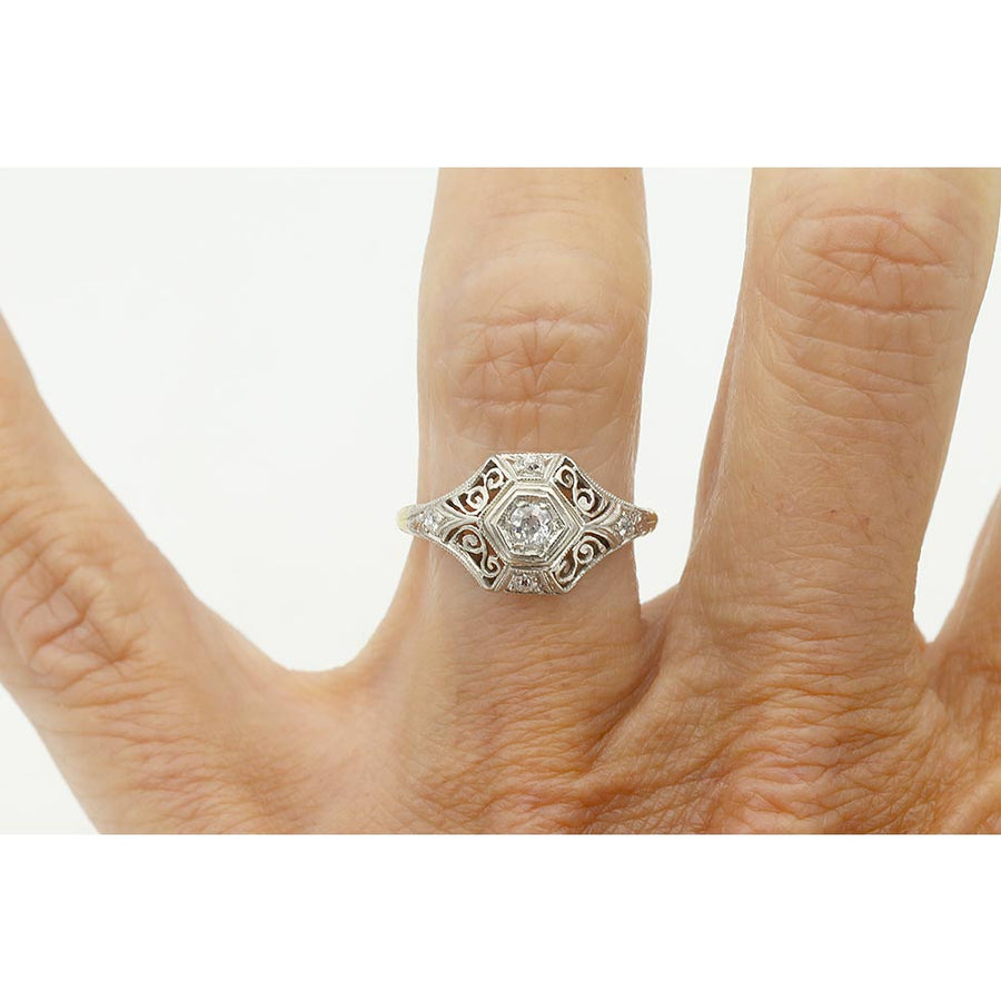 Art Deco Old Mine Cut Diamond Engagement Ring in Two-Tone Gold