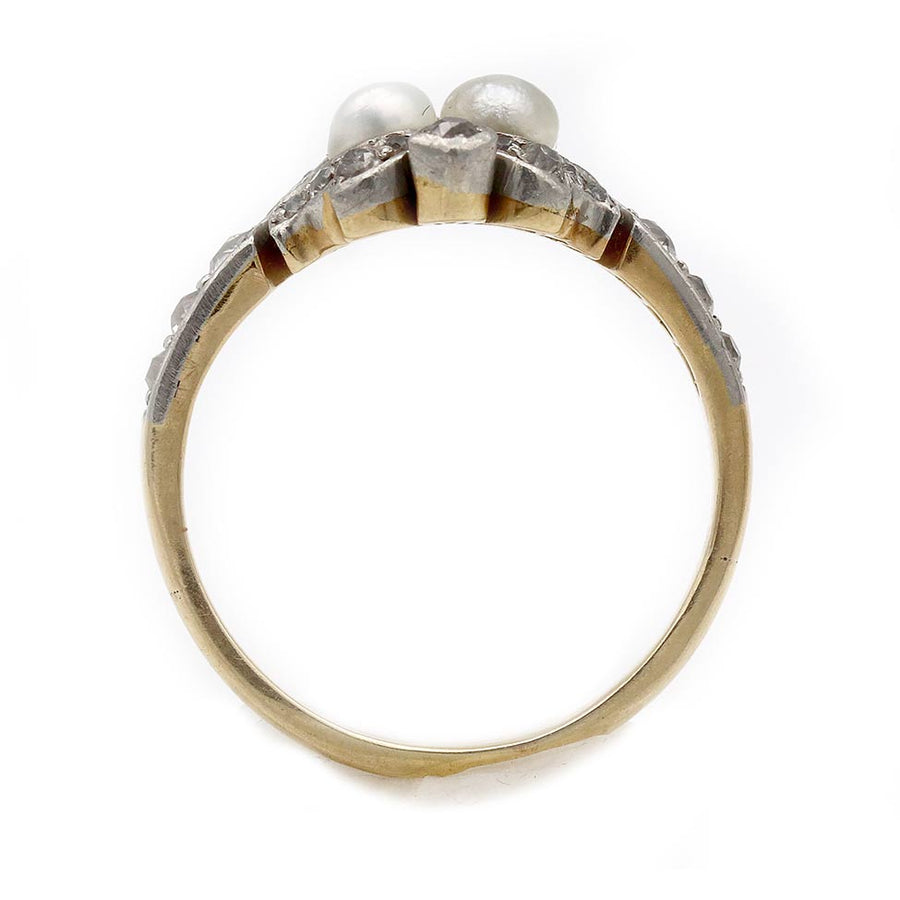 Art Deco Pearl & Diamond Toi et Moi Engagement Ring in Platinum and 14 Kt Yellow Gold