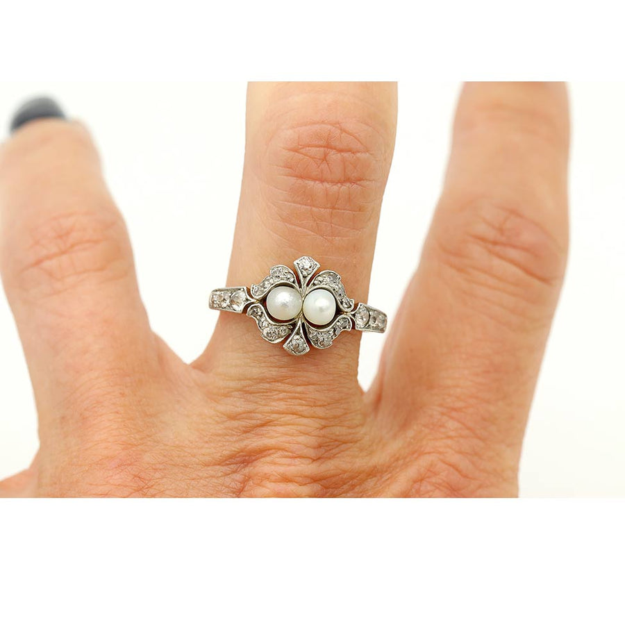Art Deco Pearl & Diamond Toi et Moi Engagement Ring on hand in Platinum and 14 Kt Yellow Gold