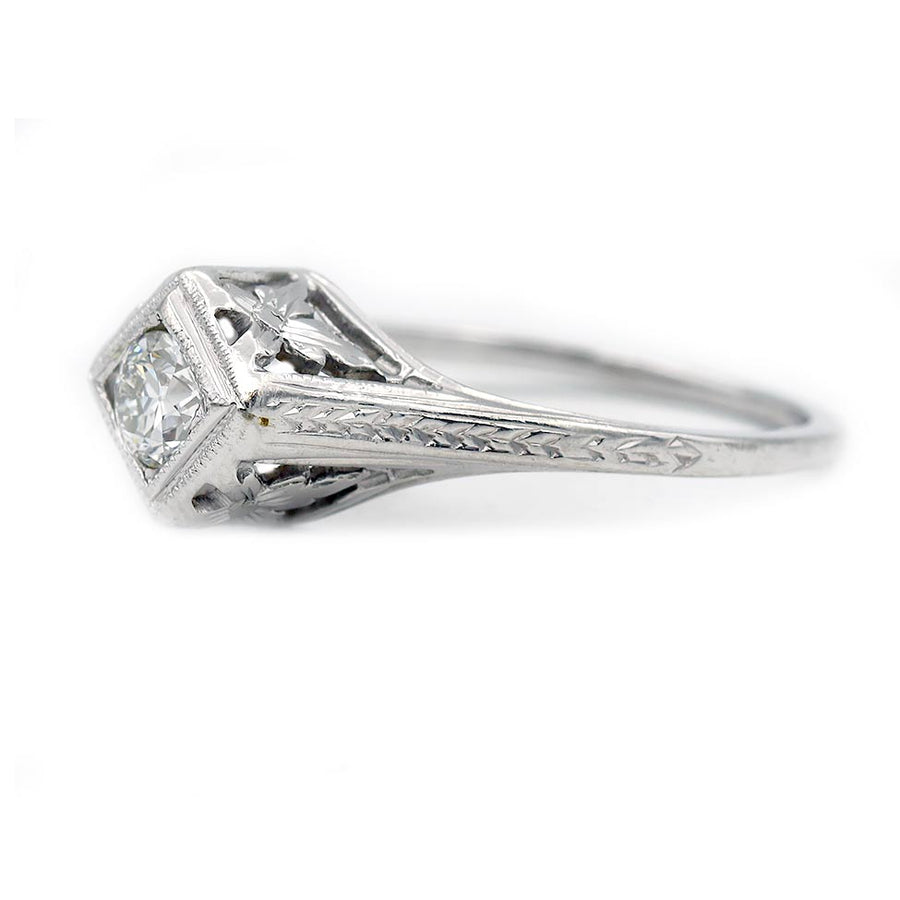 Art Deco .20 Ct Old European Cut Floral Diamond Engagement Ring | 20K White Gold