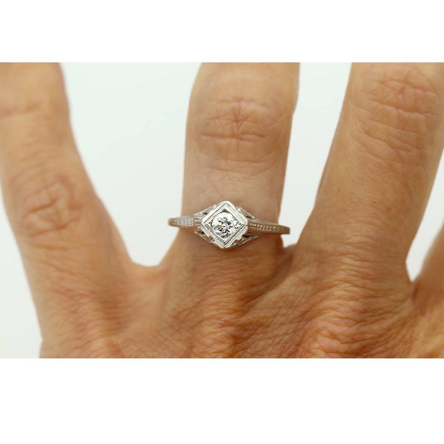 Art Deco .20 Ct Old European Cut Floral Diamond Engagement Ring | 20K White Gold