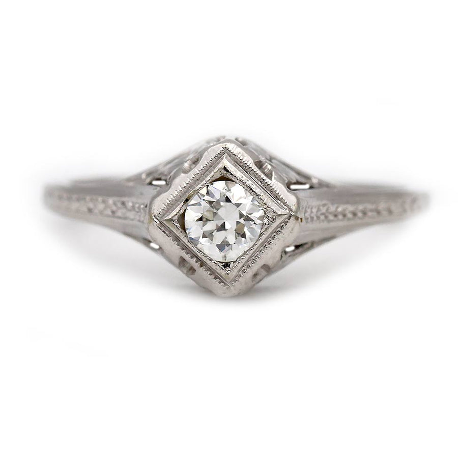 Art Deco .20 Ct Old European Cut Floral Diamond Engagement Ring | 20K White Gold