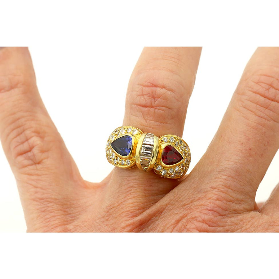 Estate Ruby Sapphire Diamond Ring 1980s 18K Gold Multi Stone Statement Ring