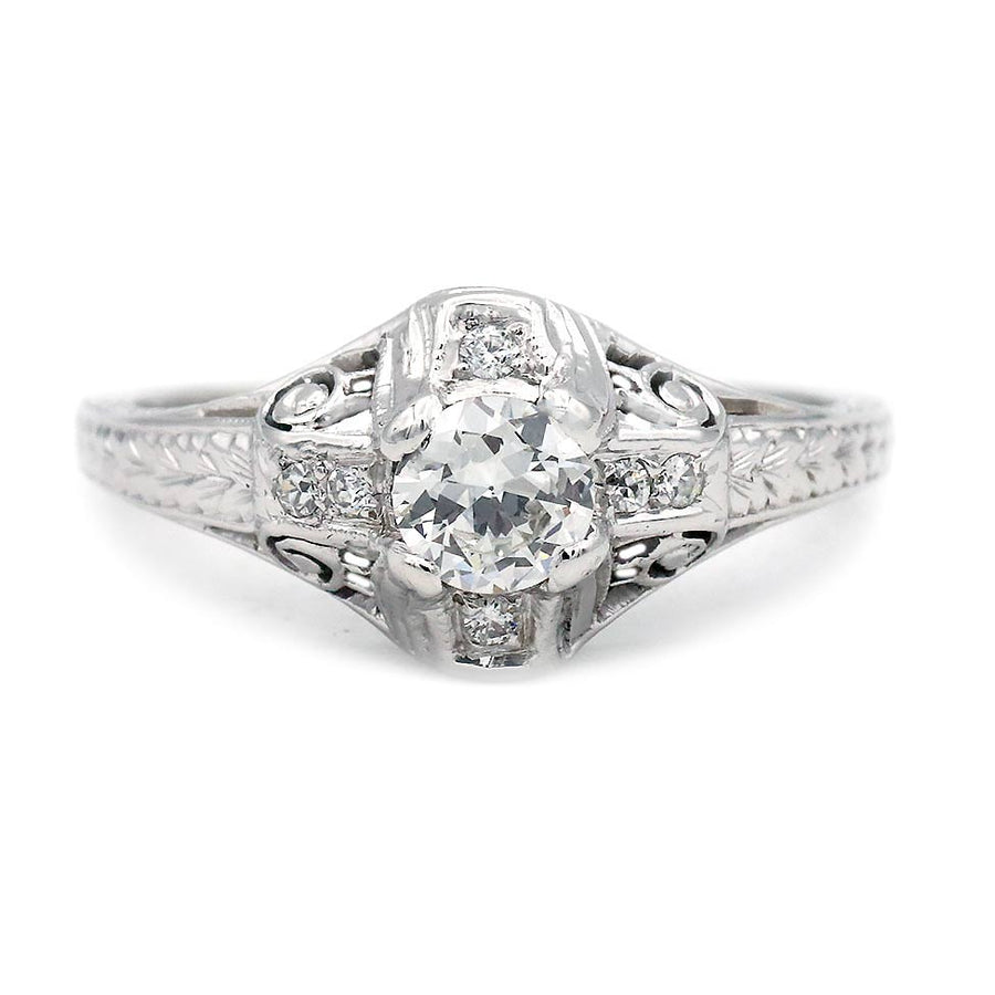 Art Deco .40 Ct Old European Cut Diamond Vintage Engagement Ring Signed