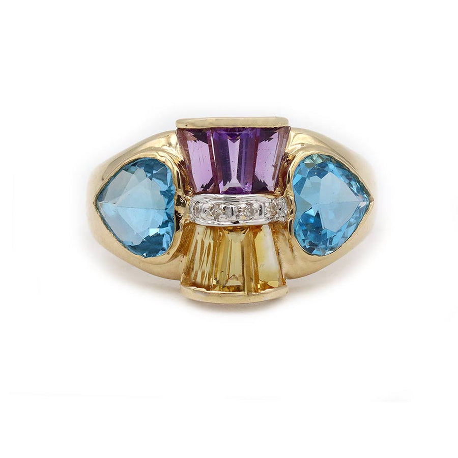 Vintage blue topaz and amethyst cocktail ring in yellow gold